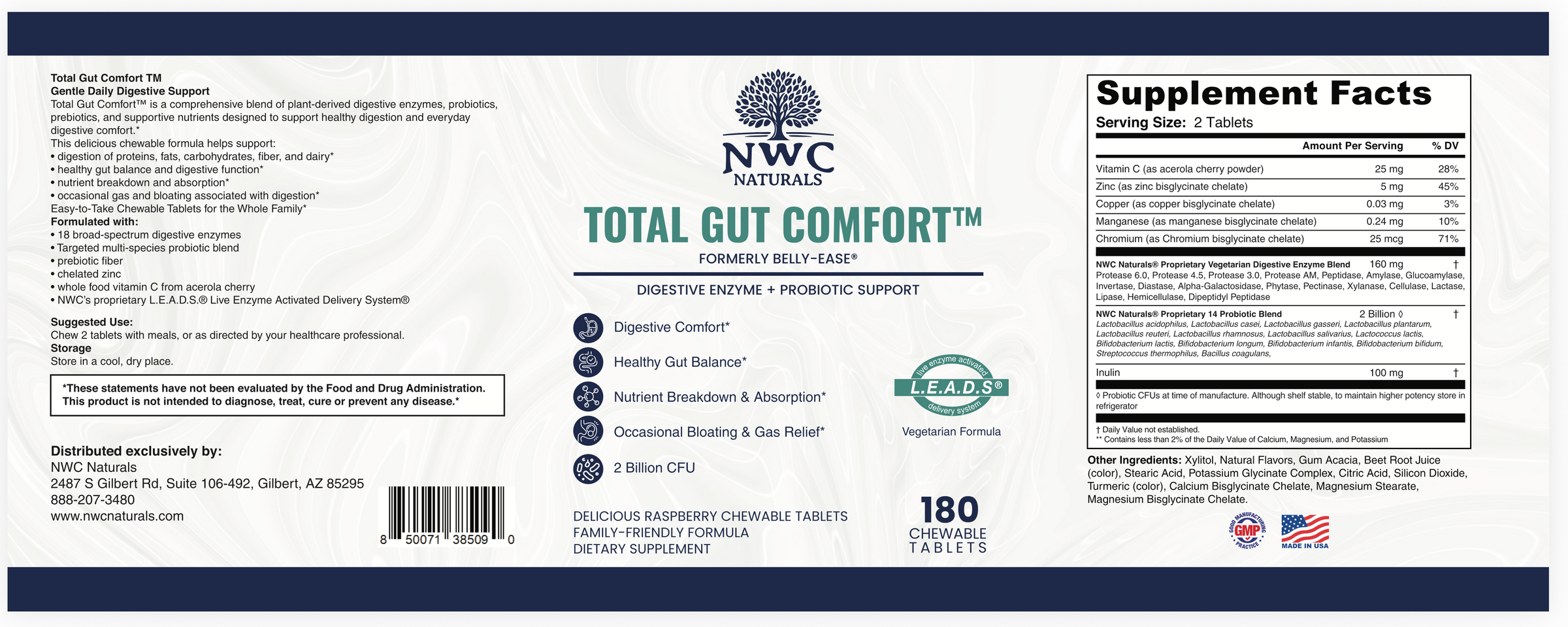 Belly-Ease™ Chewable Enzymes, Pre-biotics & Probiotics-NOW: Total-Gut Comfort — Supplement Facts