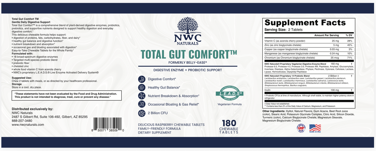 Belly-Ease™ Chewable Enzymes, Pre-biotics & Probiotics-NOW: Total-Gut Comfort