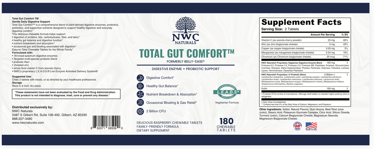 Belly-Ease™ Chewable Enzymes, Pre-biotics & Probiotics-NOW: Total-Gut Comfort — Supplement Facts