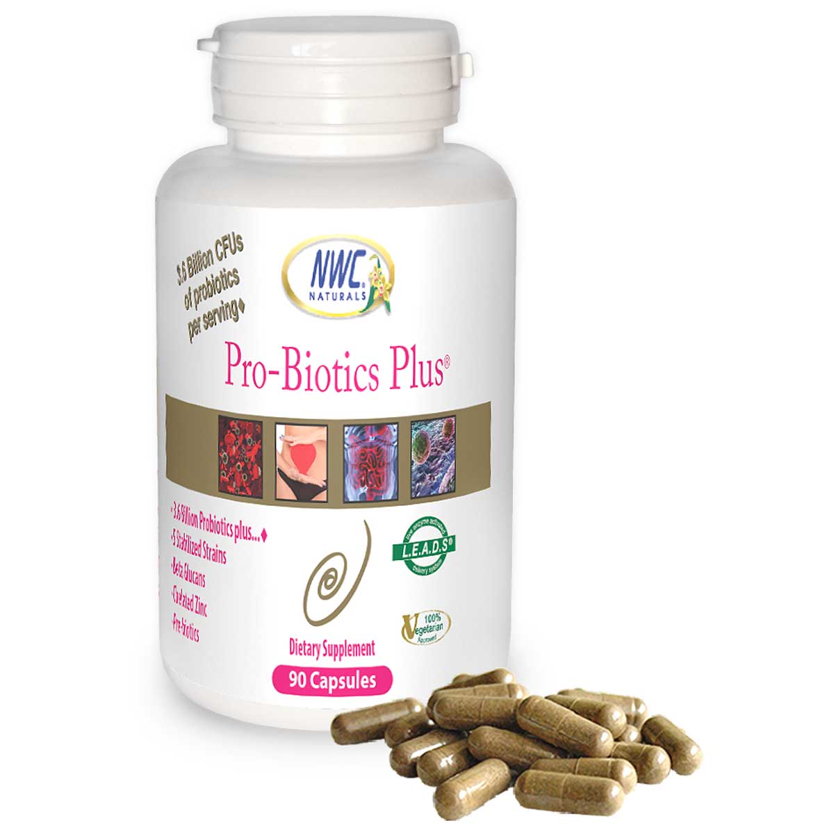 NWC Naturals Pro-Biotics Plus supplement bottle with capsules on a white background