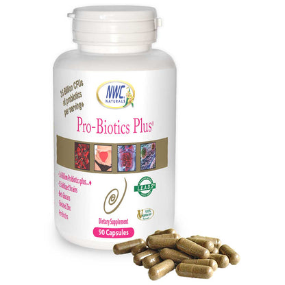 NWC Naturals Pro-Biotics Plus supplement bottle with capsules on a white background