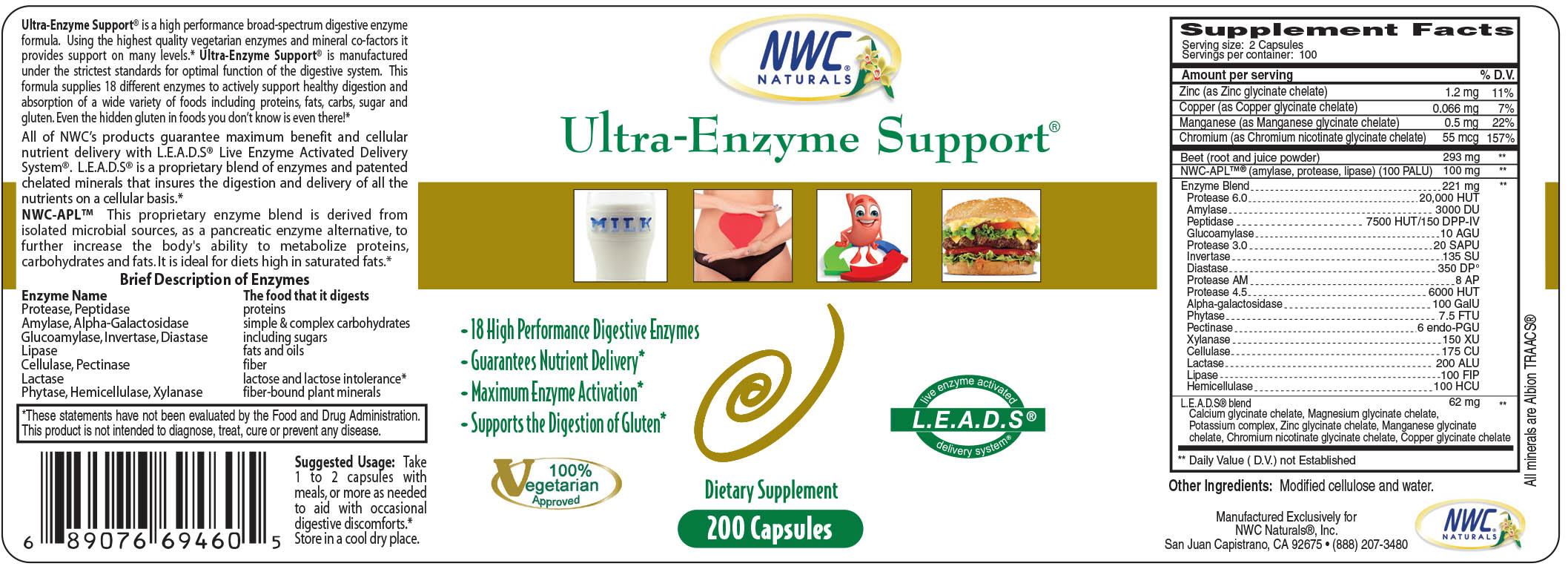 Ultra-Enzyme Support® 200 4-Count Discount Pack-But 3 get 1 Free! — Supplement Facts